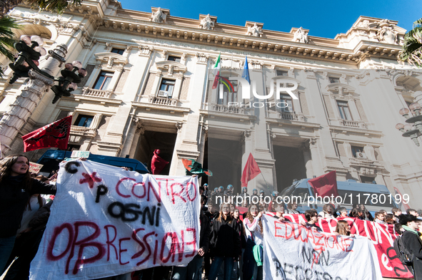 In Rome, Italy, on November 15, 2024, students participate in a demonstration against Giorgia Meloni and the government, calling for an end...