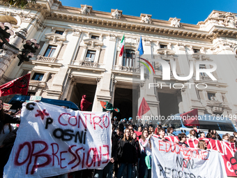 In Rome, Italy, on November 15, 2024, students participate in a demonstration against Giorgia Meloni and the government, calling for an end...