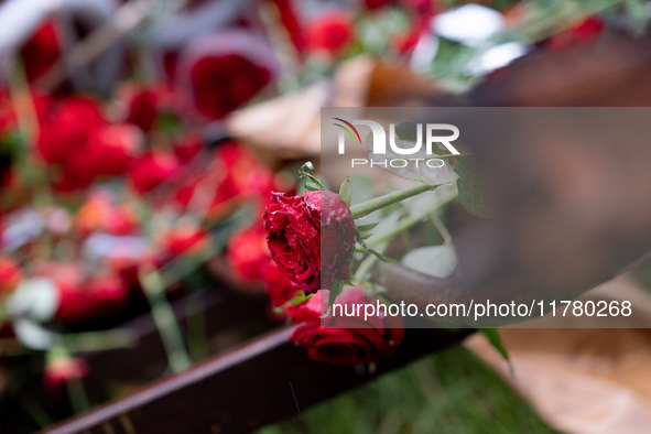 Carnations and wreaths are laid on a monument inside the Athens Polytechnic during the celebration of the 51st anniversary of the Polytechni...