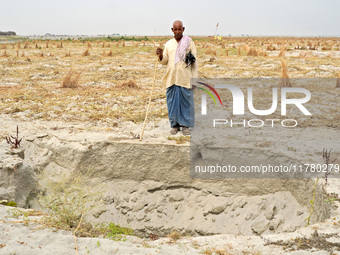 Shiv Shankar, a 66-year-old Indian buffalo herder, stands in front of a dry pit intended for water storage for agriculture as he returns wit...