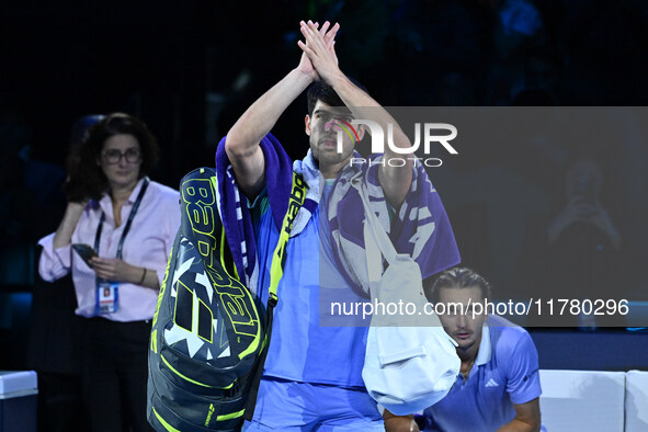 Carlos Alcaraz (ESP) competes against Alexander Zverev (GER) during day six of the Nitto ATP Finals 2024 at Inalpi Arena in Turin, Italy, on...