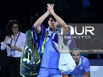 Carlos Alcaraz (ESP) competes against Alexander Zverev (GER) during day six of the Nitto ATP Finals 2024 at Inalpi Arena in Turin, Italy, on...