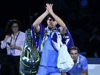 Carlos Alcaraz (ESP) competes against Alexander Zverev (GER) during day six of the Nitto ATP Finals 2024 at Inalpi Arena in Turin, Italy, on...