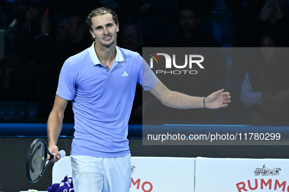 Alexander Zverev (GER) competes against Carlos Alcaraz (ESP) during day six of the Nitto ATP Finals 2024 at Inalpi Arena in Turin, Italy, on...