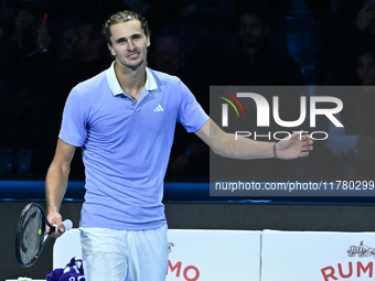 Alexander Zverev (GER) competes against Carlos Alcaraz (ESP) during day six of the Nitto ATP Finals 2024 at Inalpi Arena in Turin, Italy, on...