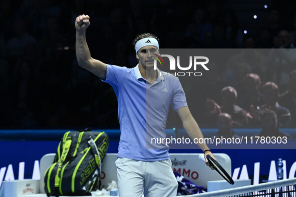 Alexander Zverev (GER) competes against Carlos Alcaraz (ESP) during day six of the Nitto ATP Finals 2024 at Inalpi Arena in Turin, Italy, on...