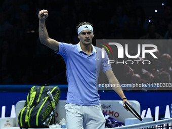 Alexander Zverev (GER) competes against Carlos Alcaraz (ESP) during day six of the Nitto ATP Finals 2024 at Inalpi Arena in Turin, Italy, on...