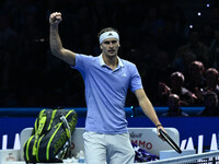 Alexander Zverev (GER) competes against Carlos Alcaraz (ESP) during day six of the Nitto ATP Finals 2024 at Inalpi Arena in Turin, Italy, on...