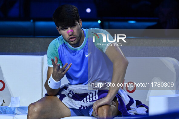 Carlos Alcaraz (ESP) competes against Alexander Zverev (GER) during day six of the Nitto ATP Finals 2024 at Inalpi Arena in Turin, Italy, on...