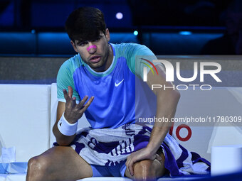 Carlos Alcaraz (ESP) competes against Alexander Zverev (GER) during day six of the Nitto ATP Finals 2024 at Inalpi Arena in Turin, Italy, on...