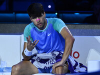 Carlos Alcaraz (ESP) competes against Alexander Zverev (GER) during day six of the Nitto ATP Finals 2024 at Inalpi Arena in Turin, Italy, on...