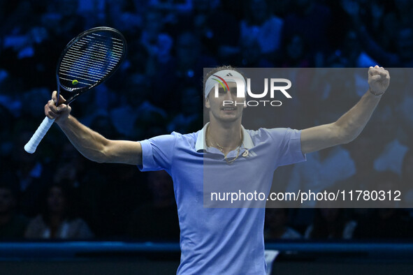 Alexander Zverev (GER) competes against Carlos Alcaraz (ESP) during day six of the Nitto ATP Finals 2024 at Inalpi Arena in Turin, Italy, on...