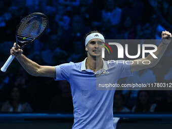 Alexander Zverev (GER) competes against Carlos Alcaraz (ESP) during day six of the Nitto ATP Finals 2024 at Inalpi Arena in Turin, Italy, on...