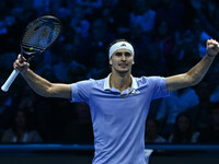 Alexander Zverev (GER) competes against Carlos Alcaraz (ESP) during day six of the Nitto ATP Finals 2024 at Inalpi Arena in Turin, Italy, on...