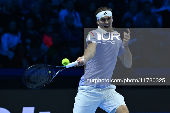 Alexander Zverev (GER) competes against Carlos Alcaraz (ESP) during day six of the Nitto ATP Finals 2024 at Inalpi Arena in Turin, Italy, on...