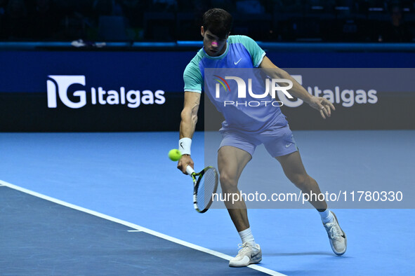 Carlos Alcaraz (ESP) competes against Alexander Zverev (GER) during day six of the Nitto ATP Finals 2024 at Inalpi Arena in Turin, Italy, on...