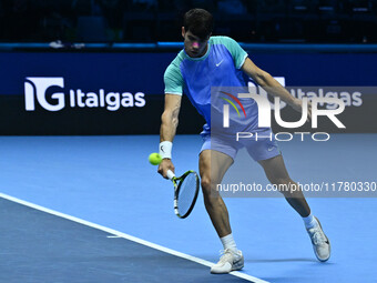 Carlos Alcaraz (ESP) competes against Alexander Zverev (GER) during day six of the Nitto ATP Finals 2024 at Inalpi Arena in Turin, Italy, on...