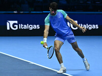 Carlos Alcaraz (ESP) competes against Alexander Zverev (GER) during day six of the Nitto ATP Finals 2024 at Inalpi Arena in Turin, Italy, on...