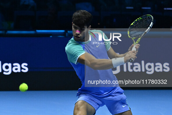 Carlos Alcaraz (ESP) competes against Alexander Zverev (GER) during day six of the Nitto ATP Finals 2024 at Inalpi Arena in Turin, Italy, on...