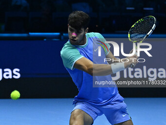 Carlos Alcaraz (ESP) competes against Alexander Zverev (GER) during day six of the Nitto ATP Finals 2024 at Inalpi Arena in Turin, Italy, on...