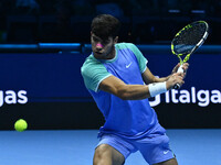 Carlos Alcaraz (ESP) competes against Alexander Zverev (GER) during day six of the Nitto ATP Finals 2024 at Inalpi Arena in Turin, Italy, on...