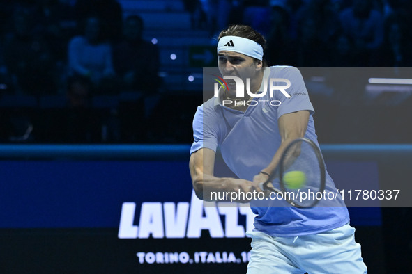 Alexander Zverev (GER) competes against Carlos Alcaraz (ESP) during day six of the Nitto ATP Finals 2024 at Inalpi Arena in Turin, Italy, on...