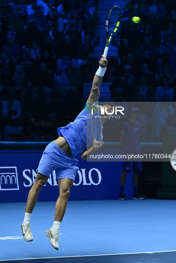 Carlos Alcaraz (ESP) competes against Alexander Zverev (GER) during day six of the Nitto ATP Finals 2024 at Inalpi Arena in Turin, Italy, on...