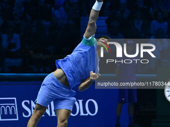 Carlos Alcaraz (ESP) competes against Alexander Zverev (GER) during day six of the Nitto ATP Finals 2024 at Inalpi Arena in Turin, Italy, on...