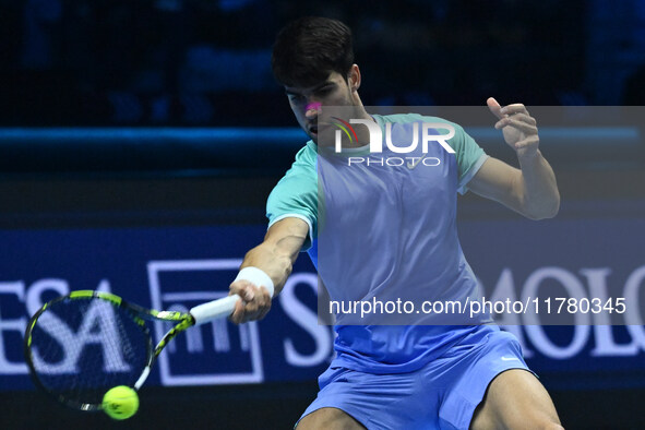 Carlos Alcaraz (ESP) competes against Alexander Zverev (GER) during day six of the Nitto ATP Finals 2024 at Inalpi Arena in Turin, Italy, on...