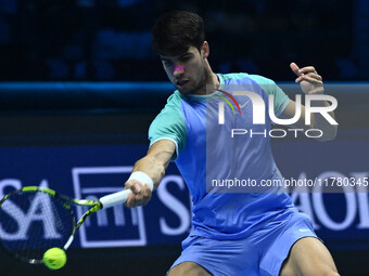 Carlos Alcaraz (ESP) competes against Alexander Zverev (GER) during day six of the Nitto ATP Finals 2024 at Inalpi Arena in Turin, Italy, on...