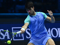 Carlos Alcaraz (ESP) competes against Alexander Zverev (GER) during day six of the Nitto ATP Finals 2024 at Inalpi Arena in Turin, Italy, on...