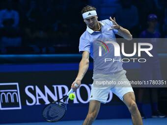 Alexander Zverev (GER) competes against Carlos Alcaraz (ESP) during day six of the Nitto ATP Finals 2024 at Inalpi Arena in Turin, Italy, on...