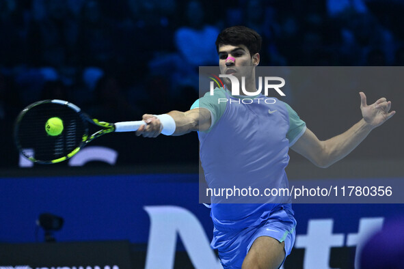 Carlos Alcaraz (ESP) competes against Alexander Zverev (GER) during day six of the Nitto ATP Finals 2024 at Inalpi Arena in Turin, Italy, on...