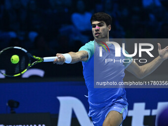 Carlos Alcaraz (ESP) competes against Alexander Zverev (GER) during day six of the Nitto ATP Finals 2024 at Inalpi Arena in Turin, Italy, on...