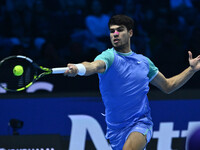 Carlos Alcaraz (ESP) competes against Alexander Zverev (GER) during day six of the Nitto ATP Finals 2024 at Inalpi Arena in Turin, Italy, on...