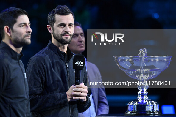 Marcelo Arevalo of El Salvador and Mate Pavic of Croatia celebrate reaching No. 1 in the ATP Doubles rankings on day six of the Nitto ATP Fi...