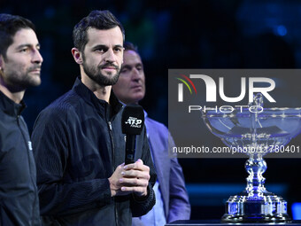 Marcelo Arevalo of El Salvador and Mate Pavic of Croatia celebrate reaching No. 1 in the ATP Doubles rankings on day six of the Nitto ATP Fi...