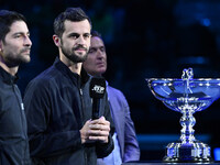 Marcelo Arevalo of El Salvador and Mate Pavic of Croatia celebrate reaching No. 1 in the ATP Doubles rankings on day six of the Nitto ATP Fi...