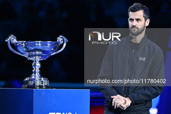 Marcelo Arevalo of El Salvador and Mate Pavic of Croatia celebrate reaching No. 1 in the ATP Doubles rankings on day six of the Nitto ATP Fi...