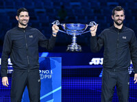 Marcelo Arevalo of El Salvador and Mate Pavic of Croatia celebrate reaching No. 1 in the ATP Doubles rankings on day six of the Nitto ATP Fi...