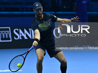 Tim Puetz (GER) plays during the Men's Double match against Rohan Bopanna (IND) and Matthew Ebden (AUS) during day six of the Nitto ATP fina...