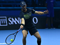 Tim Puetz (GER) plays during the Men's Double match against Rohan Bopanna (IND) and Matthew Ebden (AUS) during day six of the Nitto ATP fina...