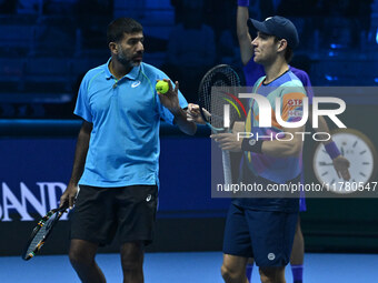 Rohan Bopanna (IND) and Matthew Ebden (AUS) play in the Men's Doubles match against Kevin Krawietz (GER) and Tim Puetz (GER) during day six...