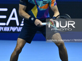 Matthew Ebden (AUS) plays during the Men's Doubles match against Kevin Krawietz (GER) and Tim Puetz (GER) on day six of the Nitto ATP Finals...