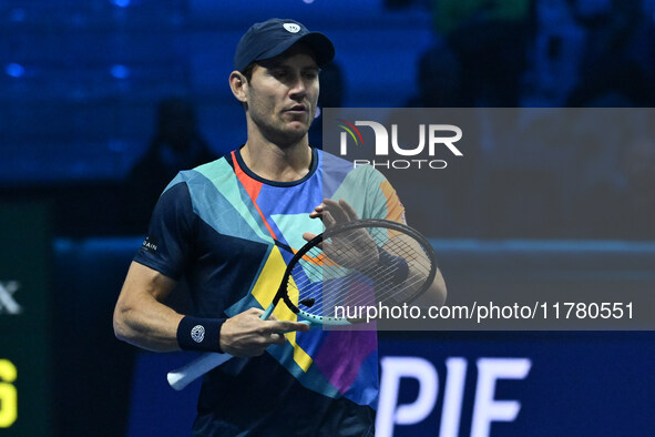 Matthew Ebden (AUS) plays during the Men's Doubles match against Kevin Krawietz (GER) and Tim Puetz (GER) on day six of the Nitto ATP Finals...