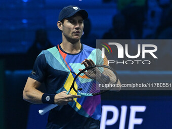 Matthew Ebden (AUS) plays during the Men's Doubles match against Kevin Krawietz (GER) and Tim Puetz (GER) on day six of the Nitto ATP Finals...