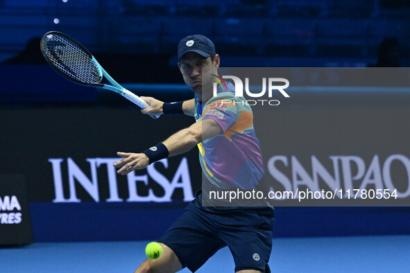 Matthew Ebden (AUS) plays during the Men's Doubles match against Kevin Krawietz (GER) and Tim Puetz (GER) on day six of the Nitto ATP Finals...