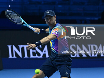 Matthew Ebden (AUS) plays during the Men's Doubles match against Kevin Krawietz (GER) and Tim Puetz (GER) on day six of the Nitto ATP Finals...