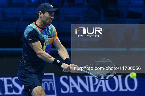 Matthew Ebden (AUS) plays during the Men's Doubles match against Kevin Krawietz (GER) and Tim Puetz (GER) on day six of the Nitto ATP Finals...