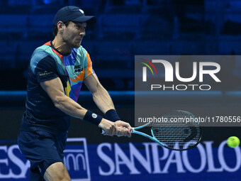 Matthew Ebden (AUS) plays during the Men's Doubles match against Kevin Krawietz (GER) and Tim Puetz (GER) on day six of the Nitto ATP Finals...